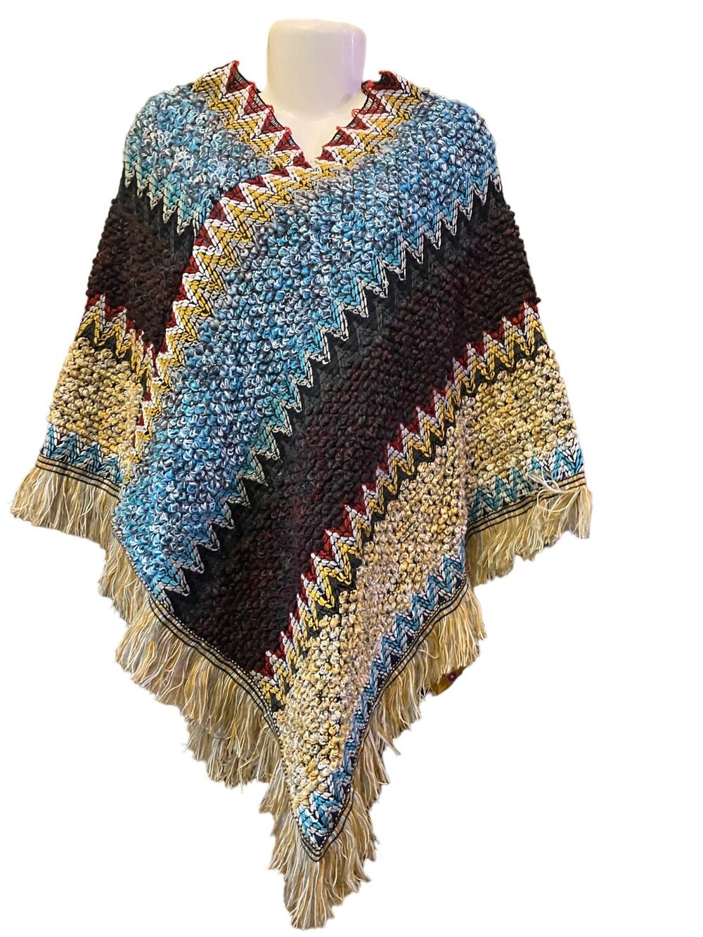 Joan Vass Women's Multicolor Fringe Trim Shawl Pullover V-Neck Sweater One Size